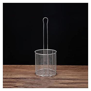 Imagem de Cesta de fritura de aço inoxidável sólida escumadeira, colher de escumadeira com filtro de malha densa de cabo longo, adequada para fritura diária e cesta de fritura (pequena)
