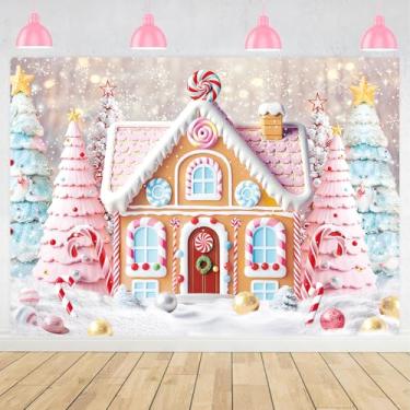 Imagem de Fundo fotográfico de casa de biscoito de gengibre de Natal rosa cenário de casa de doces de inverno floco de neve pirulito decorações de festa de feliz Natal faixa retrato adereços para foto (304,8 x