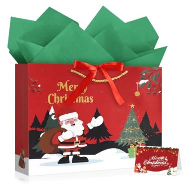Imagem de JMANNI Sacos de presente de Natal, 1 bolsa grande de presente de Natal com fita e 1 cartão de felicitações, 2 papéis de seda, saco de presente de papel portátil com alças, reutilizável e perfeito para