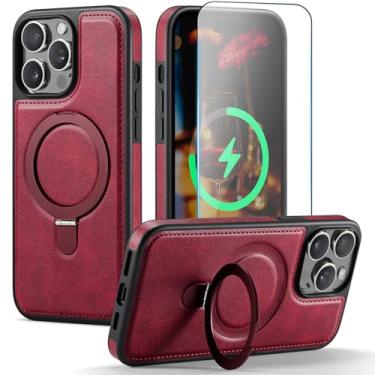 Imagem de CHEEWADA Capa compatível com iPhone 13 Pro com suporte, compatível com MagSafe, couro PU fino e capa protetora de TPU durável à prova de quedas com protetor de tela de vidro temperado de 6,1 polegadas