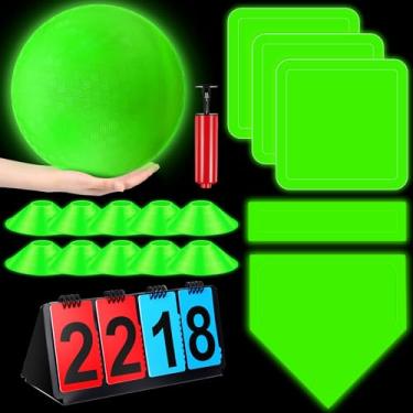 Imagem de Jenaai Conjunto de 18 peças de kickball esportivo inclui bola de playground, 5 bases de borracha para jogar para baixo, bolsa de rede para placar, 10 cones de linha suja para adultos, jogo de quintal