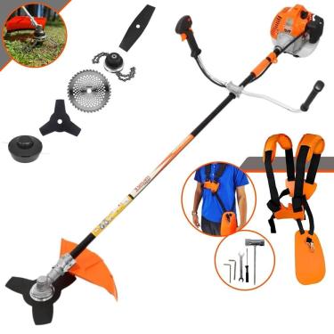 Imagem de Roçadeira Profissional Completa Vulcan VR520H À Gasolina 2 Tempos 52cc 2,5HP de Potência Alta Rotação Com Carretel de Nylon + Kit 4 Lâminas de Cortes