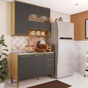 Imagem de Cozinha Compacta Napoli 6 Portas 2 Gavetas 100% Mdf com Vidro Amêndoa/Cinza - Rio Doce