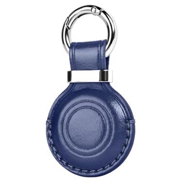 Imagem de MOLOVA 1 pacote de couro genuíno feito à mão para porta-chaves AirTag, design compacto com chaveiro AirTag, seguro para suporte de airtags com trava de anel de aço inoxidável, azul escuro