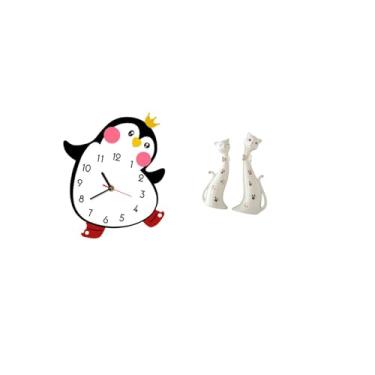 Imagem de Fenteer Relógio de Parede de Madeira com Desenho de Pinguim E Gato, Estátua de Animal, Decoração Adorável com Bateria, para Quarto, Sala de Jantar, Manto, Mes