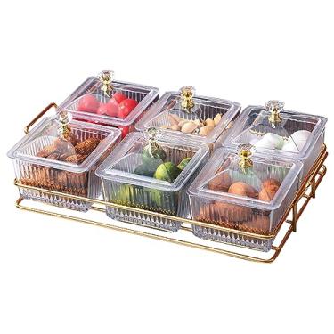 Imagem de Conjunto de tigelas de servir transparentes com prateleira de metal dourado, bandeja dividida para aperitivos com 6 tigelas removíveis para aperitivos de sobremesa de frutas, nozes, salgadinhos