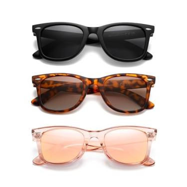 Imagem de (Pacote com 3) Óculos de sol retrô para mulheres e homens, lentes espelhadas clássicas para dirigir óculos de sol modernos, Preto cinza + carapaça de tartaruga marrom + rosa transparente/rosa