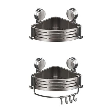 Imagem de Suporte de chuveiro de canto para banheiro, cozinha, sem perfuração, com ventosa adesiva, barra de toalha removível e ganchos (pacote com 2)