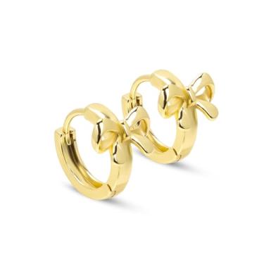 Imagem de Brincos de argola de laço, brincos de laço de ouro minimalistas elegantes brincos de laço pequenos brincos de argola de pressão moda joias presente para mulheres