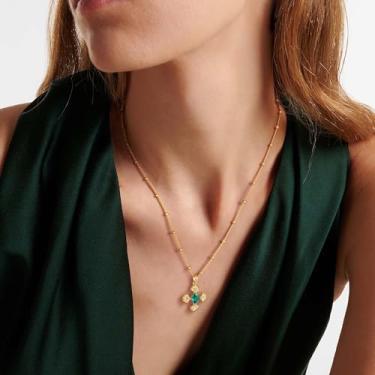 Imagem de Colar feminino de ouro 14K, banhado a ouro 14 K, pingente de cruz de esmeralda, pingente de cruz de esmeralda feito à mão, Medium, Latão, Sem Pedra Preciosa