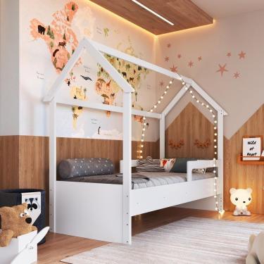 Imagem de Cama Infantil Montessoriana Casinha Menino Menina Solteiro Com Proteção Lateral Branco