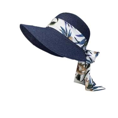 Imagem de Chapéu de sol feminino de aba larga grande com laço panamá para férias chapéu de palha casual 004 tamanho adulto