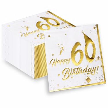 Imagem de APFCLRBL Guardanapos de festa de feliz aniversário 60 anos folha dourada elegantes guardanapos descartáveis celebrações festas assar jantar (40 unidades, 33 cm) (60º)