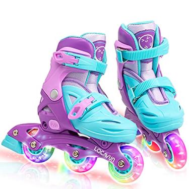 Imagem de LOCAVUN Patins em linha com luz ajustável para crianças, patins de fitness de concha rígida para meninas e meninos (roxo, pequeno - (EUA 9C-12C))
