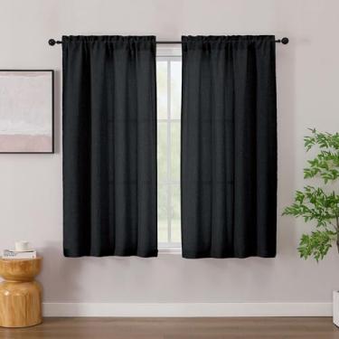 Imagem de Simplebrand Cortinas de linho preto 137 cm de comprimento, 2 painéis, cortinas de privacidade com filtro de luz de linho sintético, cortinas de janela semi pequenas com bolso duplo macio para quarto