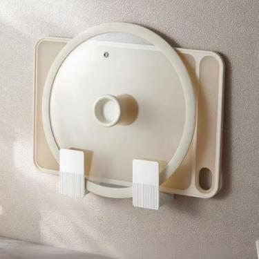 Imagem de 2 peças de suporte de tábua de corte ajustável para tampa de cozinha, organizador de parede sem broca, rack de economia de espaço para panelas, frigideiras e utensílios (branco)