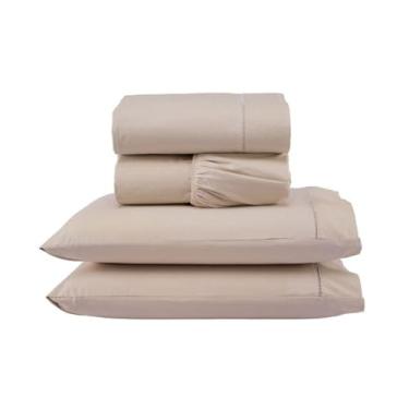 Imagem de Jogo de Cama Premium, Percal 400 Fios, Branco, 4 Peças, Antiácaro, Toque Extra Macio com Ponto Palito (Bege, Casal)