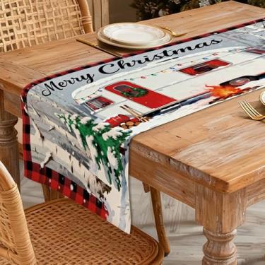 Imagem de Caminho de mesa de Natal 33 x 91 cm - Decoração de mesa de jantar de cozinha de inverno para decoração de casa, campista festivo de Feliz Natal impresso com luzes, grinalda, árvore coberta de neve