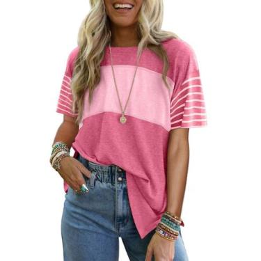 Imagem de Camiseta feminina Dokotoo rosa morango Color Block Plus Size