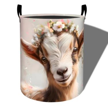 Imagem de amepay Cesto de roupa suja floral de cabra, pano Oxford dobrável, cesto de roupas sujas à prova d'água com alças, organizador de brinquedos para banheiro, quarto, dormitório, 50 x 39,9 cm