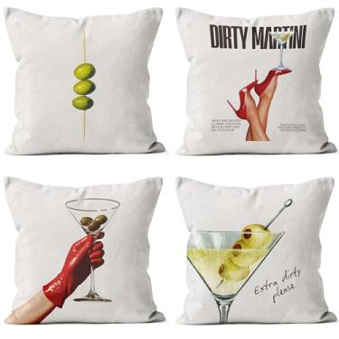 Imagem de QGFM Conjunto de 4 capas de almofadas modernas Dirty Martini 45,7 x 45,7 cm, presentes para amantes de coquetéis de Martini, retrô descoladas, decorativas, para casa, bar, bar, lounge, quarto de