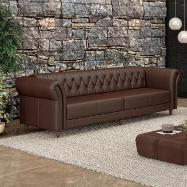 Imagem de Sofá Living Stanford Chesterfield 3 Lugares 240cm Pés De Madeira Couro Marrom Brilho G58 Gran Belo