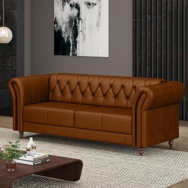 Imagem de Sofá Living Stanford Chesterfield 2 Lugares 220cm Pés De Madeira Couro Caramelo G58 Gran Belo