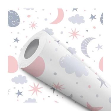 Imagem de Papel De Parede Adesivo Lua Estrelas Nuvens Rosa Cinza Quarto Infantil