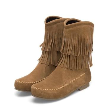 Imagem de HDIJDY Botas curtas de borla de fundo plano no outono e inverno, Caqui, 35