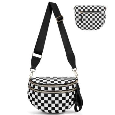 Imagem de Bolsa transversal quadriculada para mulheres, bolsa quadriculada de nylon, pochete grande, bolsa tiracolo, Preto/branco, One Size, Xadrez