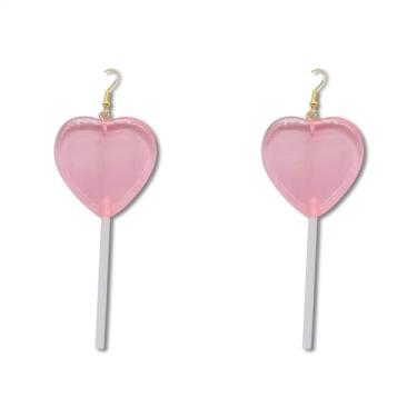 Imagem de Brincos de pirulito de coração, fofo, rosa, coração, doce, dia dos namorados, brincos de pirulito de acrílico para dia dos namorados, formato de coração, para mulheres e meninas, Acrílico, Sem pedra