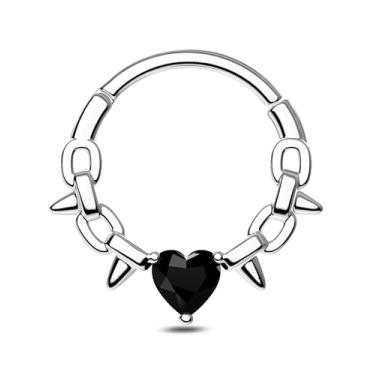Imagem de CM Crareesi Mania Anéis de septo spike, joias de piercing de septo de aço cirúrgico 16G, brincos Daith de coração preto, argolas de nariz para mulheres, cartilagem de hélice Daith Piering Jewlery