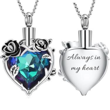 Imagem de Colar de urna de cremação de flor de rosa para cinzas, joia memorial de cristal de coração para mulheres, pingente de lembrança de urna, suporte de medalhão em memória de animal de estimação humano