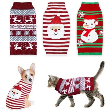 Imagem de GOYOSWA Pacote com 3 suéteres de Natal para gatos, gatos, cães, casacos, roupas, Papai Noel, rena, boneco de neve, suéter de Natal para gatos, filhotes, cães, M