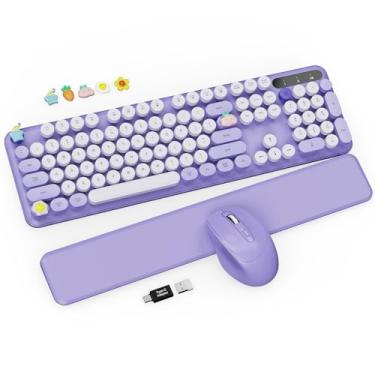 Imagem de Combo de teclado e mouse sem fio – teclado de máquina de escrever fofo com descanso de pulso removível, teclas redondas retrô, pernas dobráveis, teclado de tamanho completo de 2,4 GHz para PC, laptop,