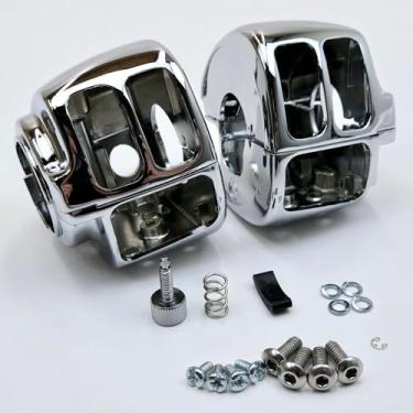 Imagem de Capas cromadas para interruptores com ferragens de montagem e parafuso de polegar para modelos Harley Touring, Softail, Dyna, V-Rod, Sportster 2007-2013 (exceto modelos com controles de rádio)