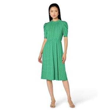 Imagem de Adrianna Papell Vestido feminino de manga curta com gola e babados, Folha dispersa esmeralda, P