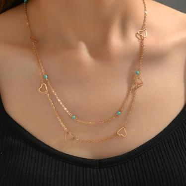 Imagem de Colar feminino com corrente de coração em camadas, corrente dupla delicada dourada com contas turquesa, lindo colar gargantilha ajustável, joia minimalista boêmia, presente