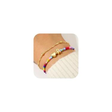 Imagem de Ursteel Pulseiras femininas coloridas com inicial de coração - Pulseira com contas folheadas a ouro 14K, pulseiras iniciais elásticas em camadas, joias femininas modernas boêmias, presentes de