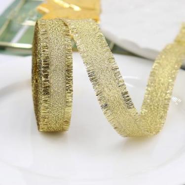 Imagem de Rosca dourada com mini fita de borda de franja de borlas de fio dourado, fita decorativa de 1,5 cm x 10 metros para Natal, casamento, embrulho de presente, grinalda, artesanato DIY, laço de cabelo e