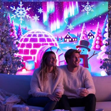 Imagem de BlissYard Tapeçaria Aurora Igloo Wonderland UV luz preta 198 x 159 centímetros cor de arte neon fundo quarto sala de estar parede festa decoração boneco de neve ártico luzes do norte cena de inverno