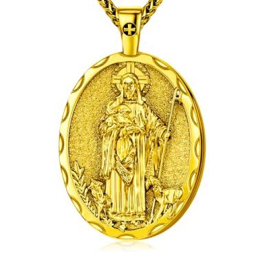 Imagem de Colar de medalhão oval de São Miguel, cobre banhado a ouro, pingente de 5 x 3 cm com corrente de 40 cm + 5 cm, medalha de oração de proteção religiosa, colares com pingente de cruz religiosa com