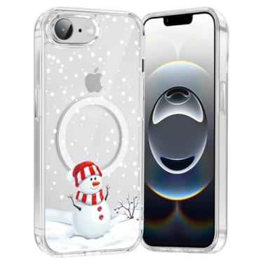 Imagem de RUMDEY Capa de celular Feliz Natal boneco de neve para iPhone 16e Xmas capa magnética transparente de 6,1 polegadas, compatível com Magsafe, capa com design de padrão de inverno bonito à prova de
