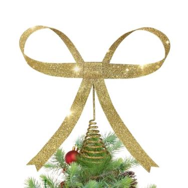 Imagem de Topo de árvore de Natal grande com laço dourado com glitter, topo de árvore de metal de 24 cm, decorações de Natal com laço dourado para Natal, decoração de casa, festas de fim de ano, ambientes
