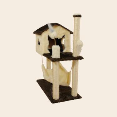 Imagem de Casa de Gato，Cama para Gato Dormir，Inclui Uma Rede e Dois Brinquedos，Perfeito para o Seu Animal de EstimaçãO Descansar e Brincar(CREME)