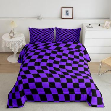 Imagem de Castle Fairy Conjunto de edredom xadrez roxo e preto, tamanho casal, 3 peças, para decoração de quarto de crianças, adolescentes e mulheres, conjunto de edredom com estampa de tabuleiro de xadrez
