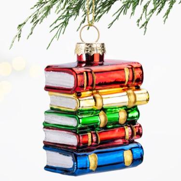 Imagem de Pilha de livros de enfeite de Natal de vidro, decoração de Natal de 7 cm pintada à mão para professores, estudantes, amantes de livros, biblioteca, decoração de árvore de Natal para sala de aula