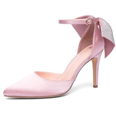 Imagem de NEWBELLA Salto feminino com laço bico fino salto agulha cetim sapatos de casamento, rosa, 40