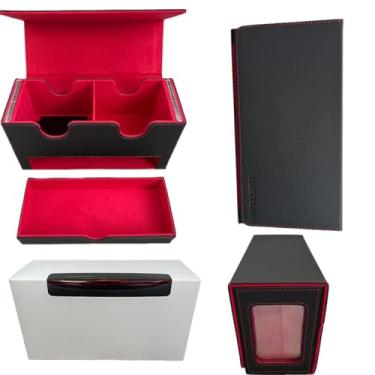 Imagem de DESTUNI Card Deck Box for mtg – Fits 100+ Double-Sleeved Cards, Dual Commander Display with Dice Tray, PU Leather Organizer for TCG, CCG, Sports Cards (Black&Red)