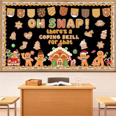 Imagem de Aposwow Decorações de quadro de avisos de Natal - Conjunto de decorações de sala de aula de pão de gengibre de Natal para casa de homem, recortes de papel, quadro de avisos, decoração de quadro de